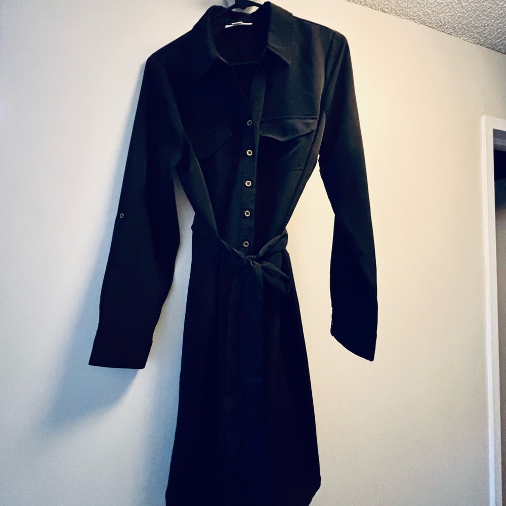 Motherhood Maternity Notched Collar Long Sleeve Shirt Dress with Tie Detail